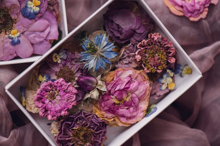 box of pastel edible flowers