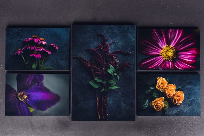 set of five vibrant floral prints in a collage