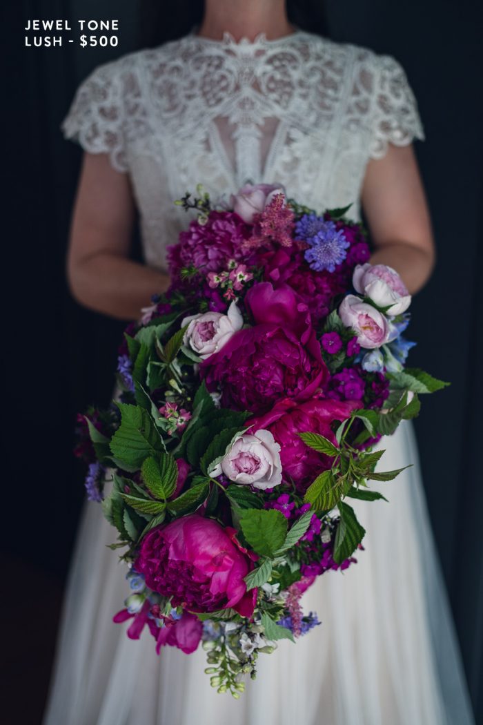 jewel tone bridal bouquet with magenta peonies