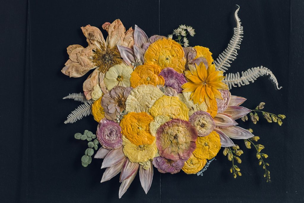 yellow and pink bridal bouquet pressed into preservation wall art