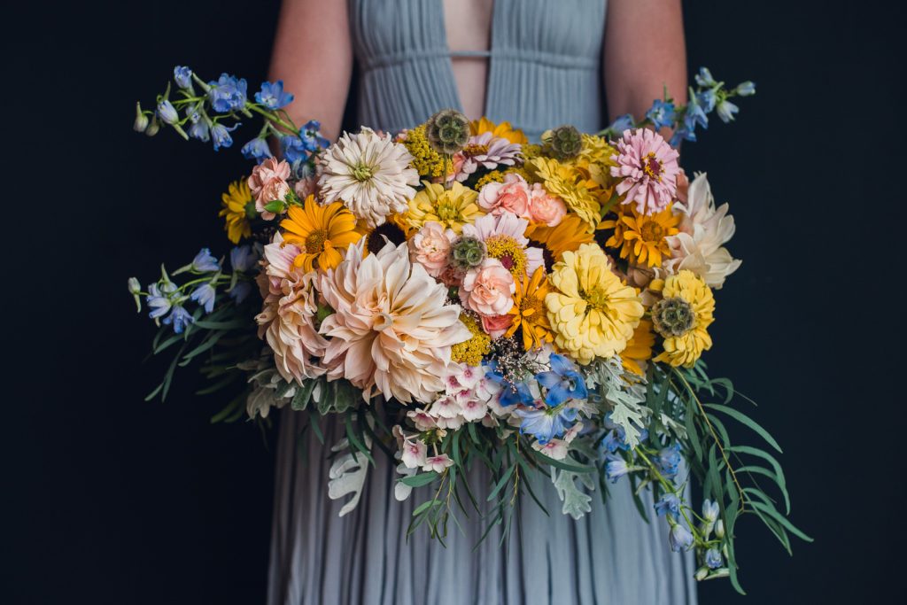wild bouquet of light pinks, yellows and blues