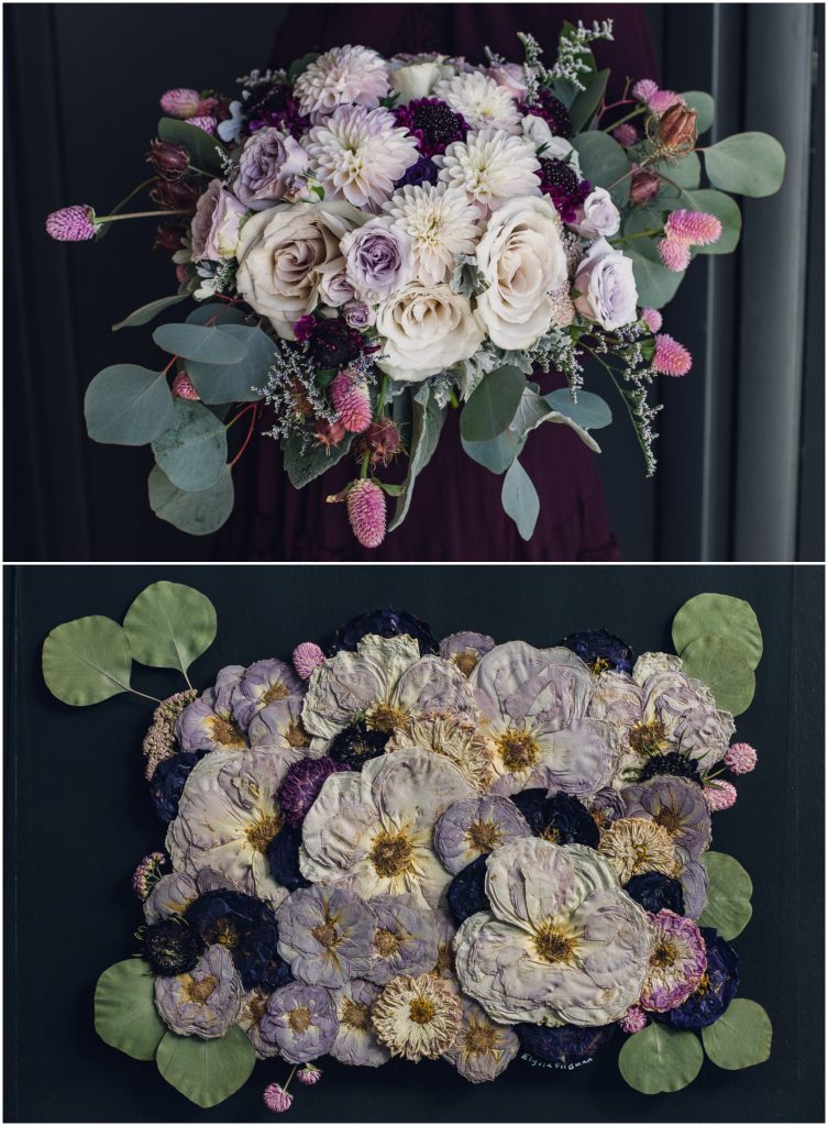 before and after of white and purple bouquet preservation art