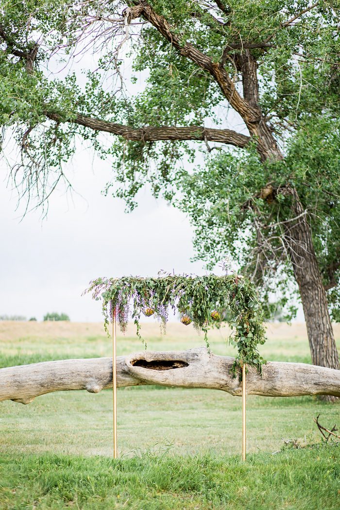 wedding ceremony arch under tree with greenery garland