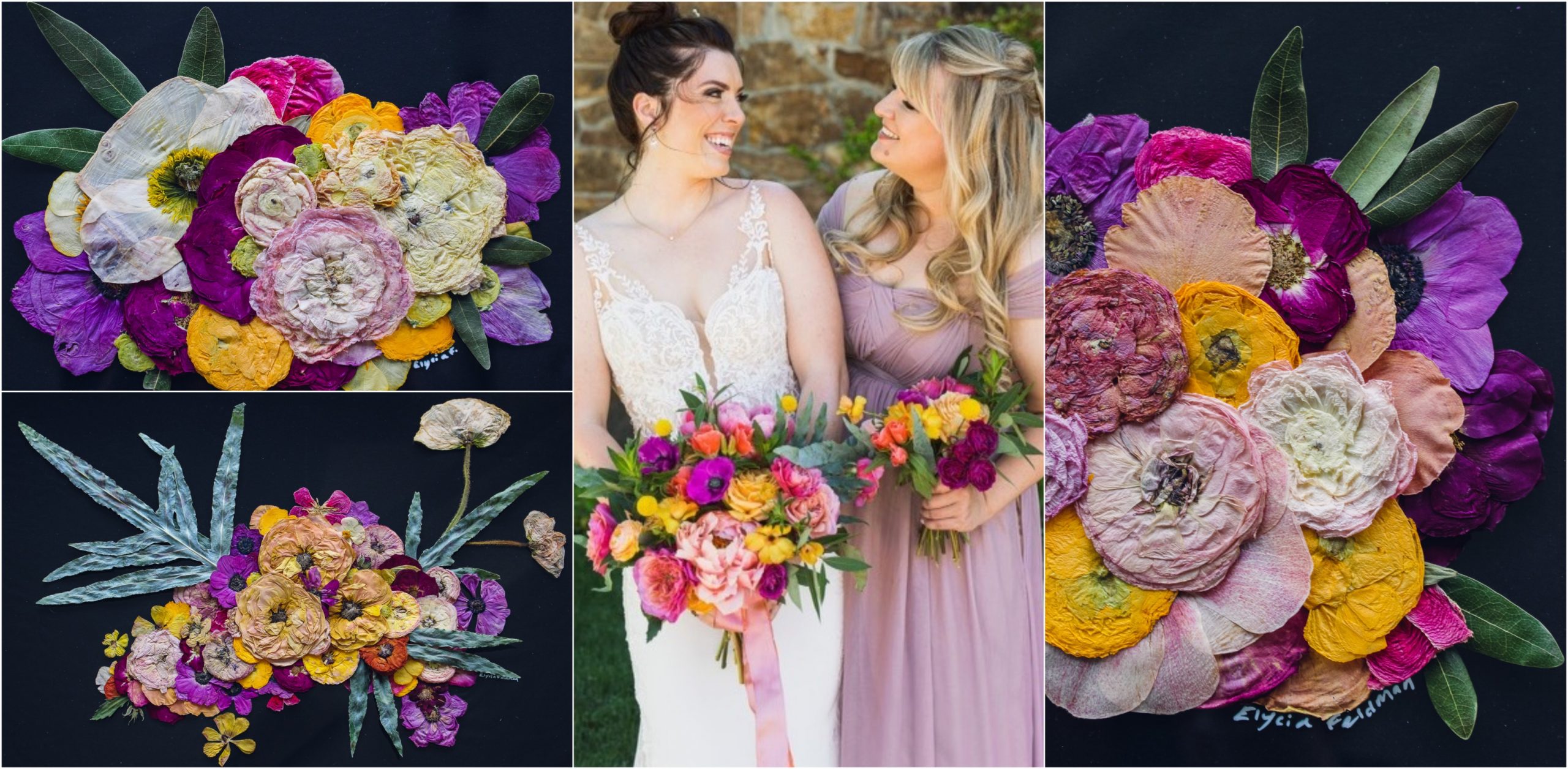 bride and bridesmaid bouquets transformed into pressed flower preservation art
