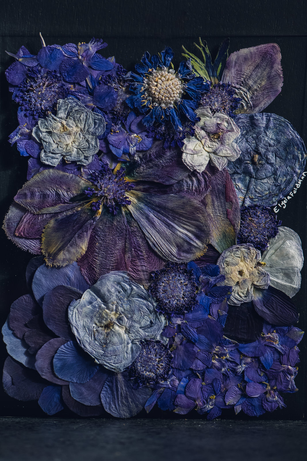 vibrant blue and purple pressed flower art