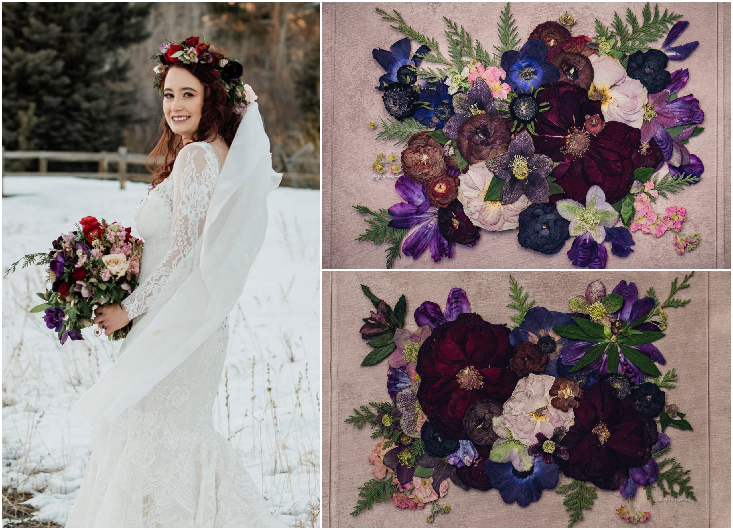 before and after of bride in snowy colorado mountains holding her bouquet and her floral preservation art