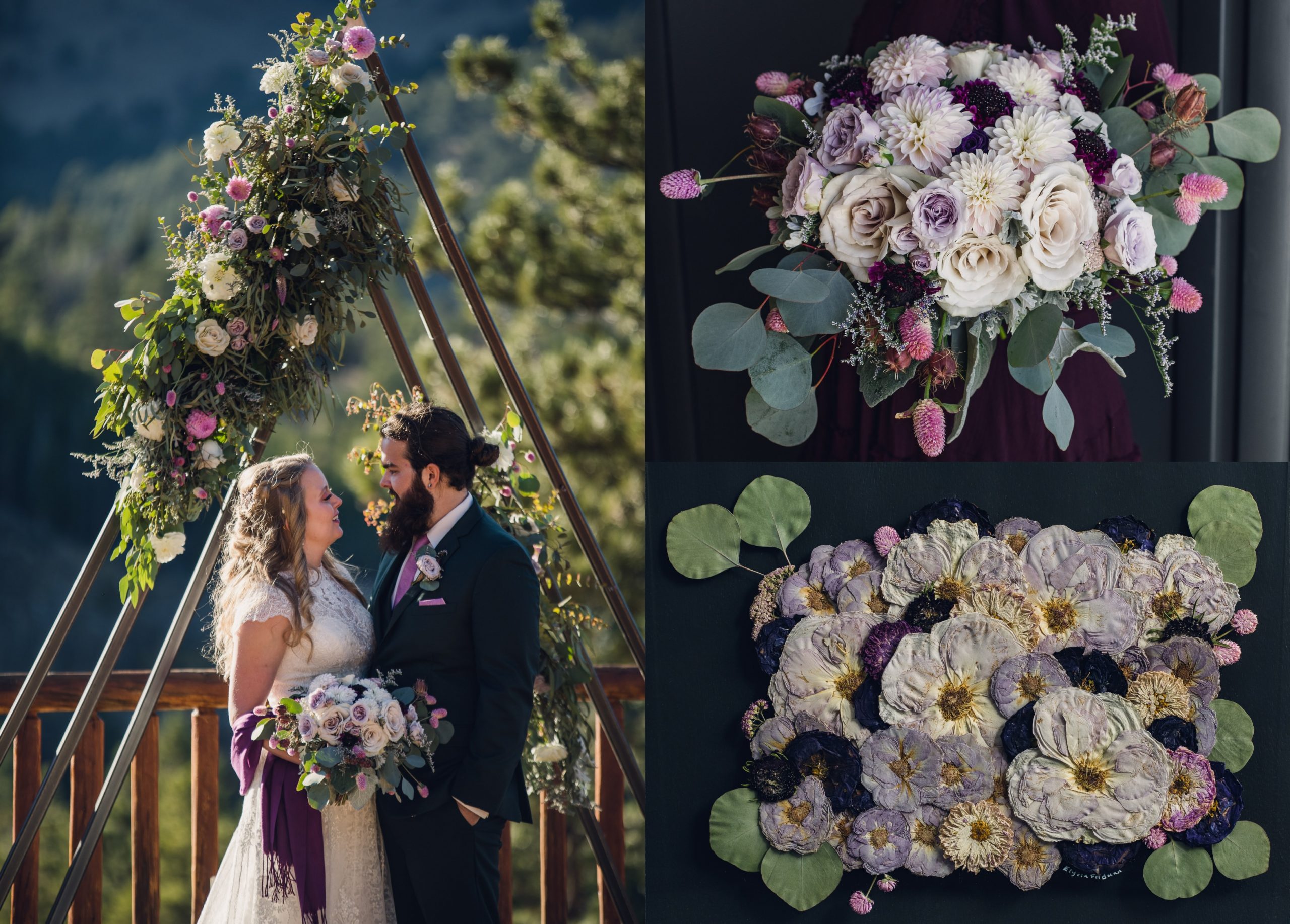 bride and groom with pastel flowers on their ceremony arch and their bouquet preservation art