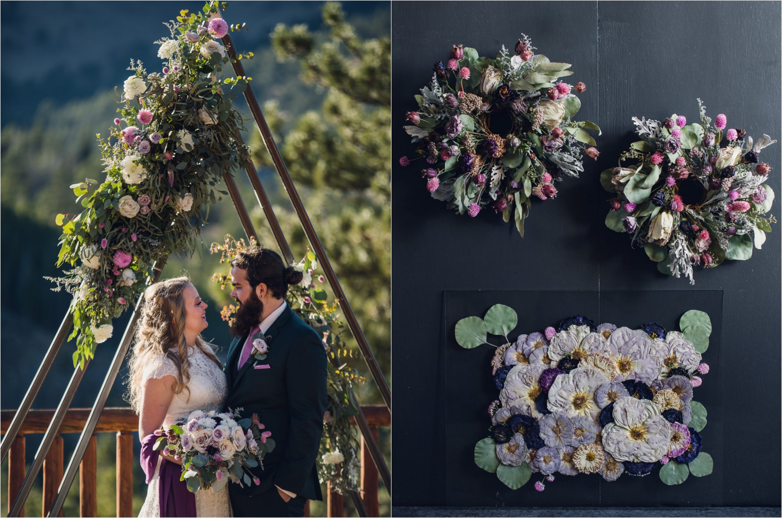 bride and groom with pastel flowers on their ceremony arch and their bouquet preservation art