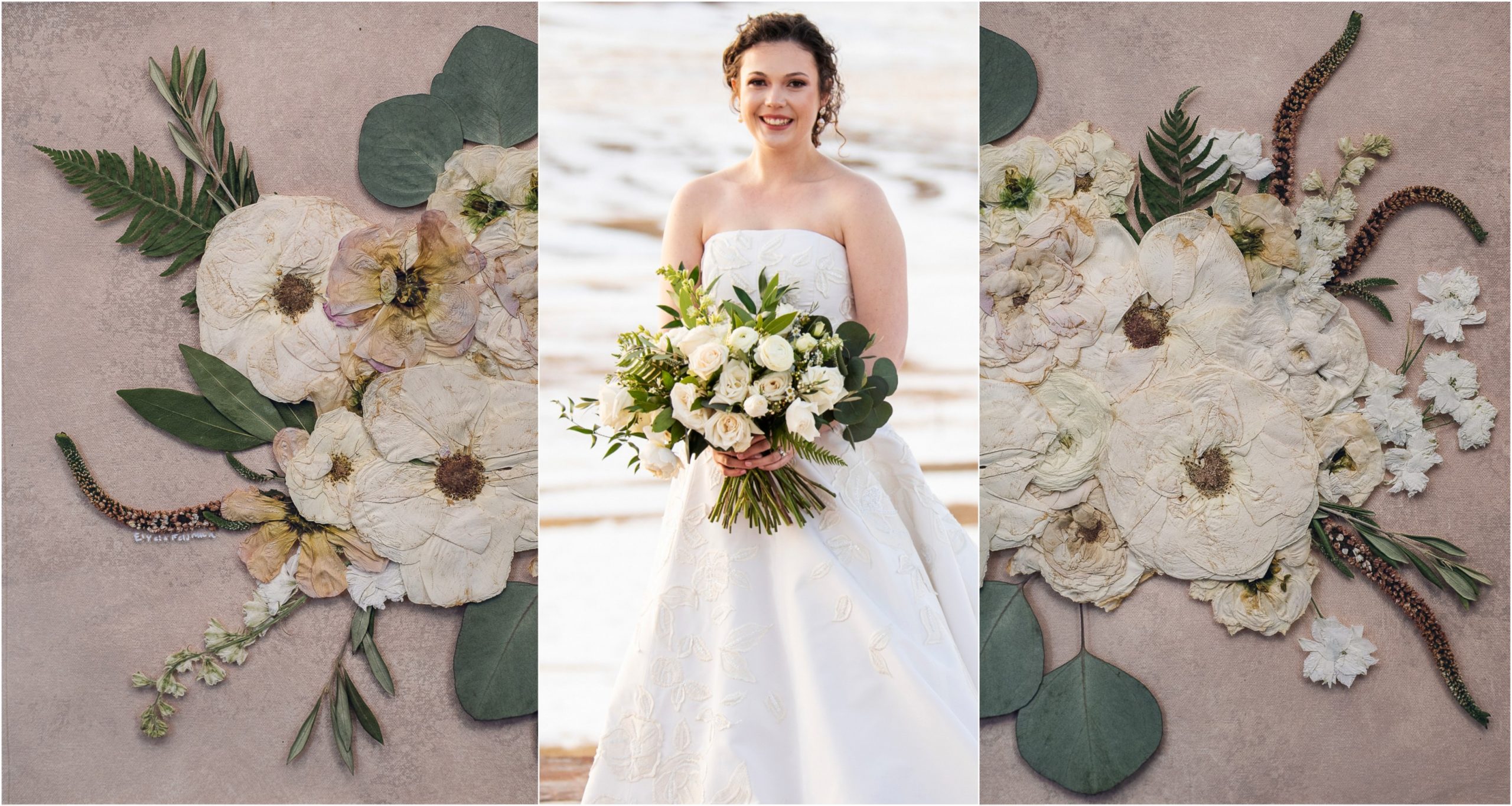 bride holding a white bouquet collaged with bouquet preservation art
