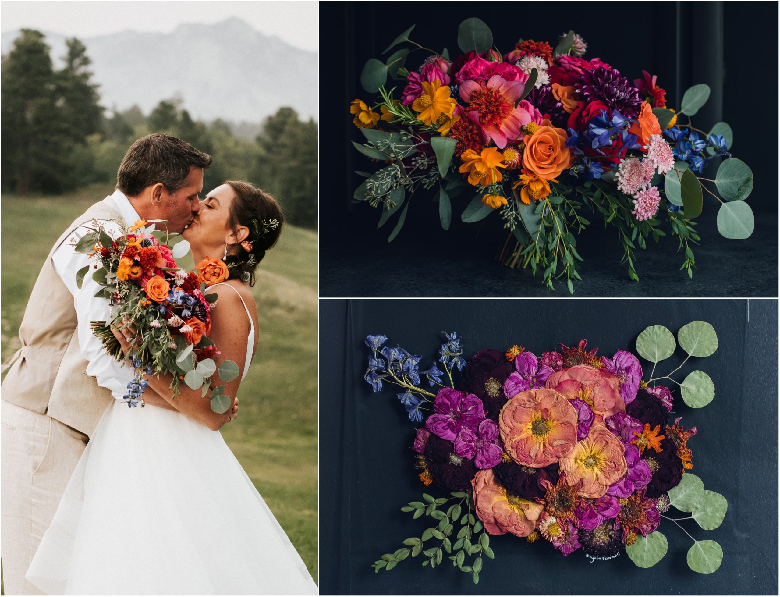bride and groom kissing with rainbow flowers and their bouquet preservation art