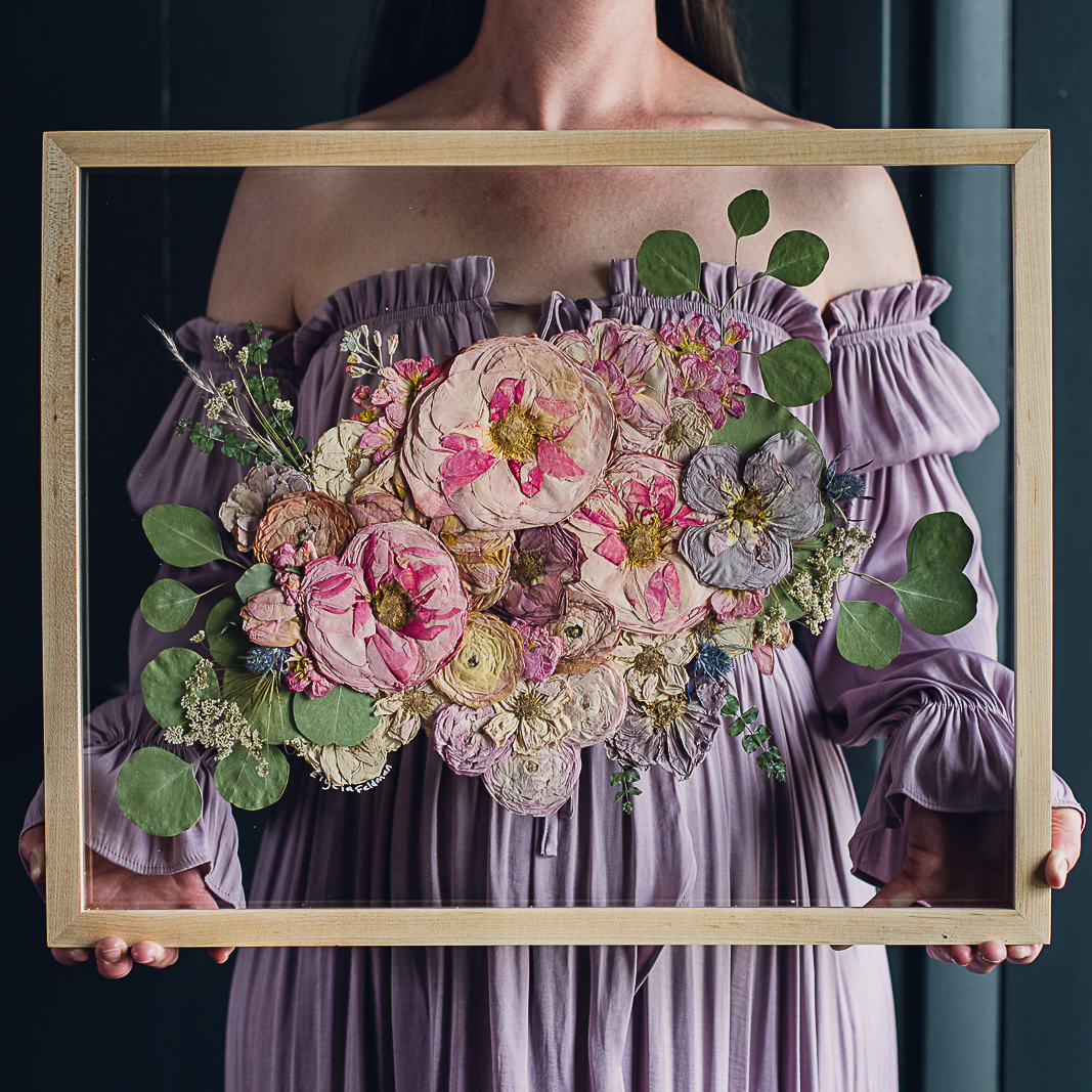bouquet preservation art using pressed flowers in wood frame