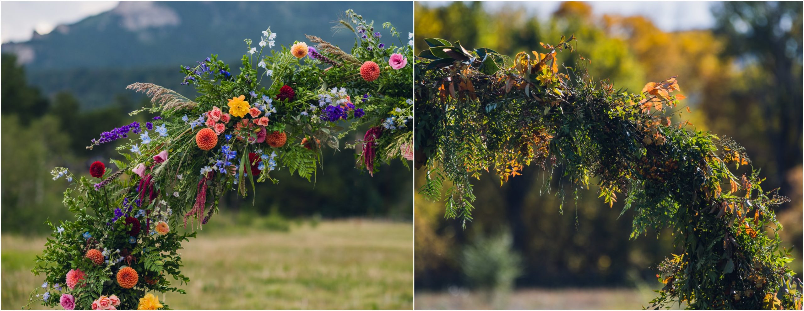 summer wedding ceremony floral circle arch vs. autumn circle arch