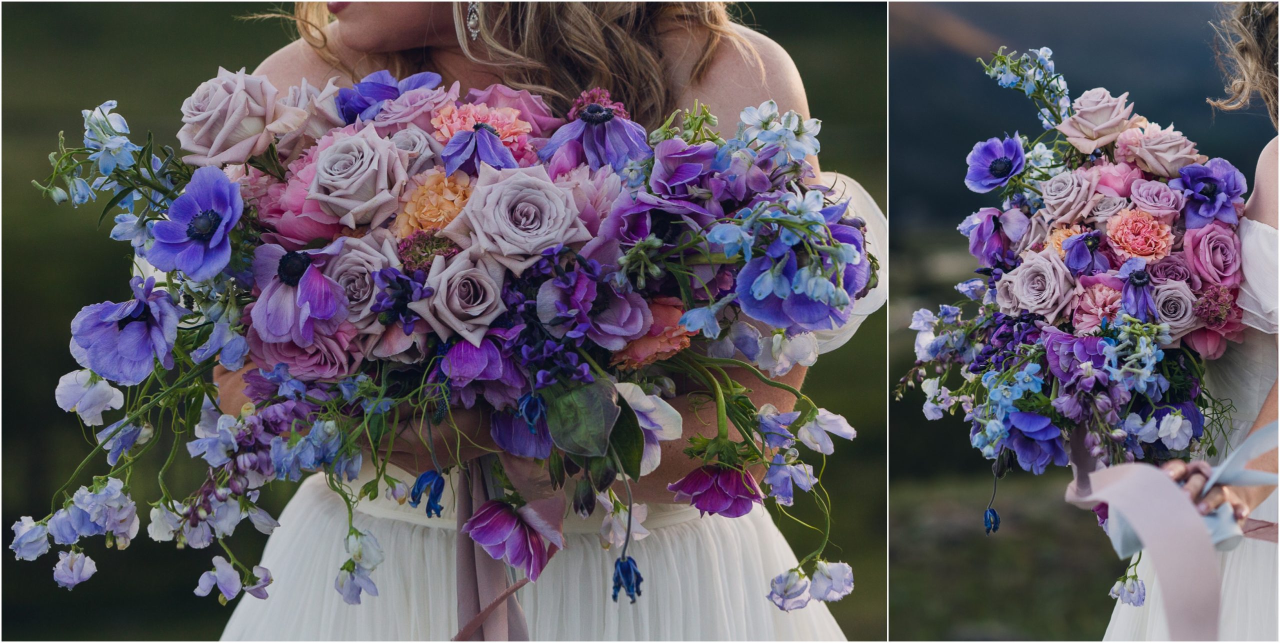 bride holding bouquet of purple anemones, roses, delphinium, sweet pea