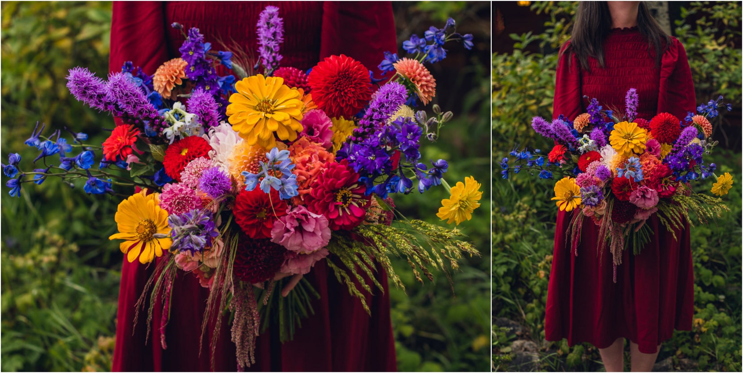 vibrant summer bridal bouquet with zinnia and dahlias