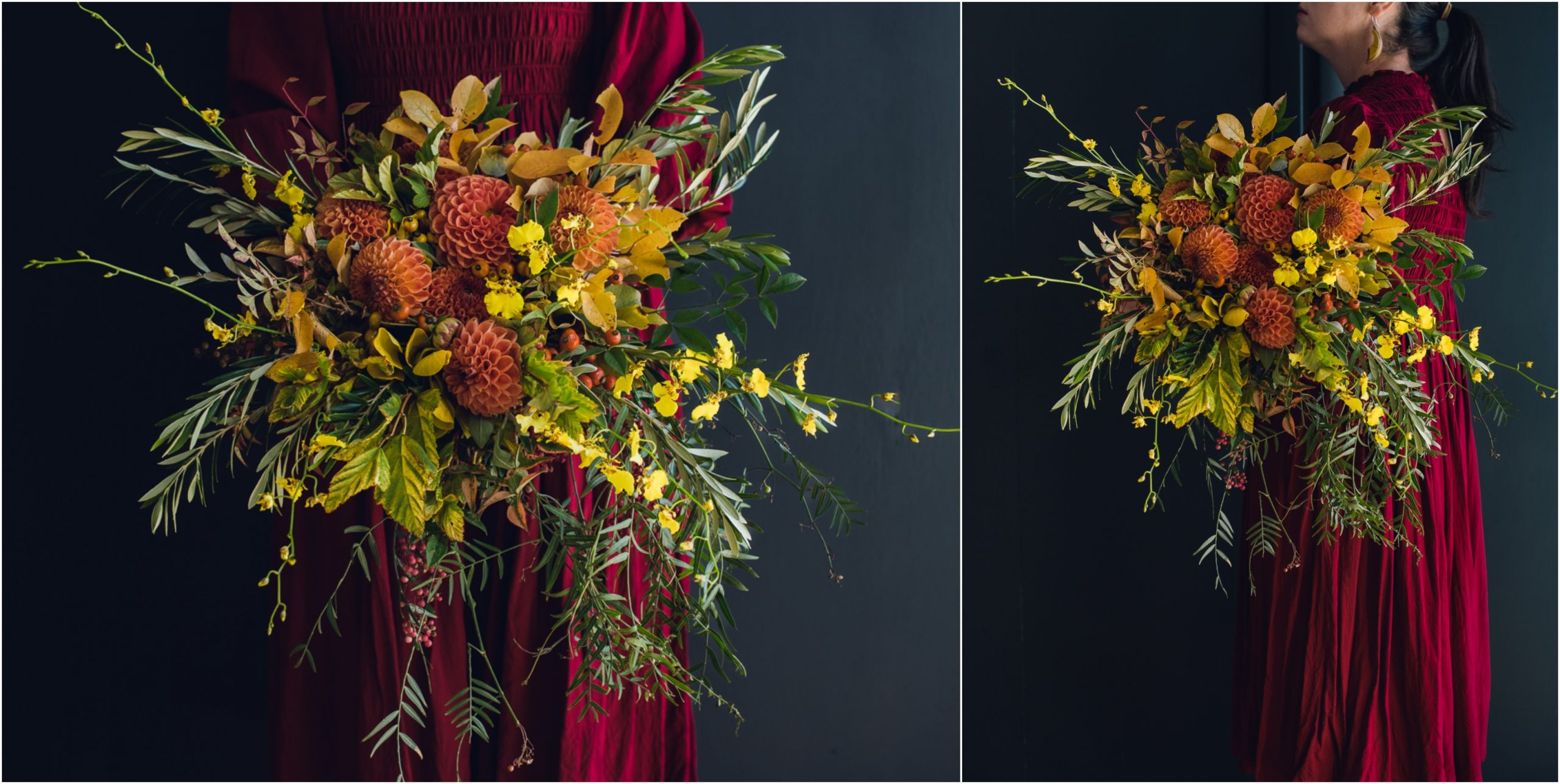bridal bouquet made of autumn leaves and branches