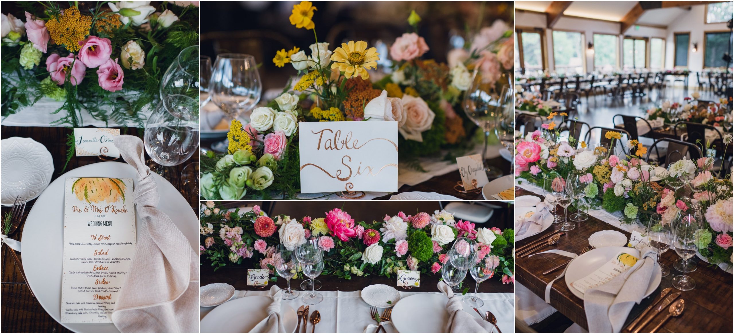 lush floral table runners for wedding reception at the landings in estes park colorado