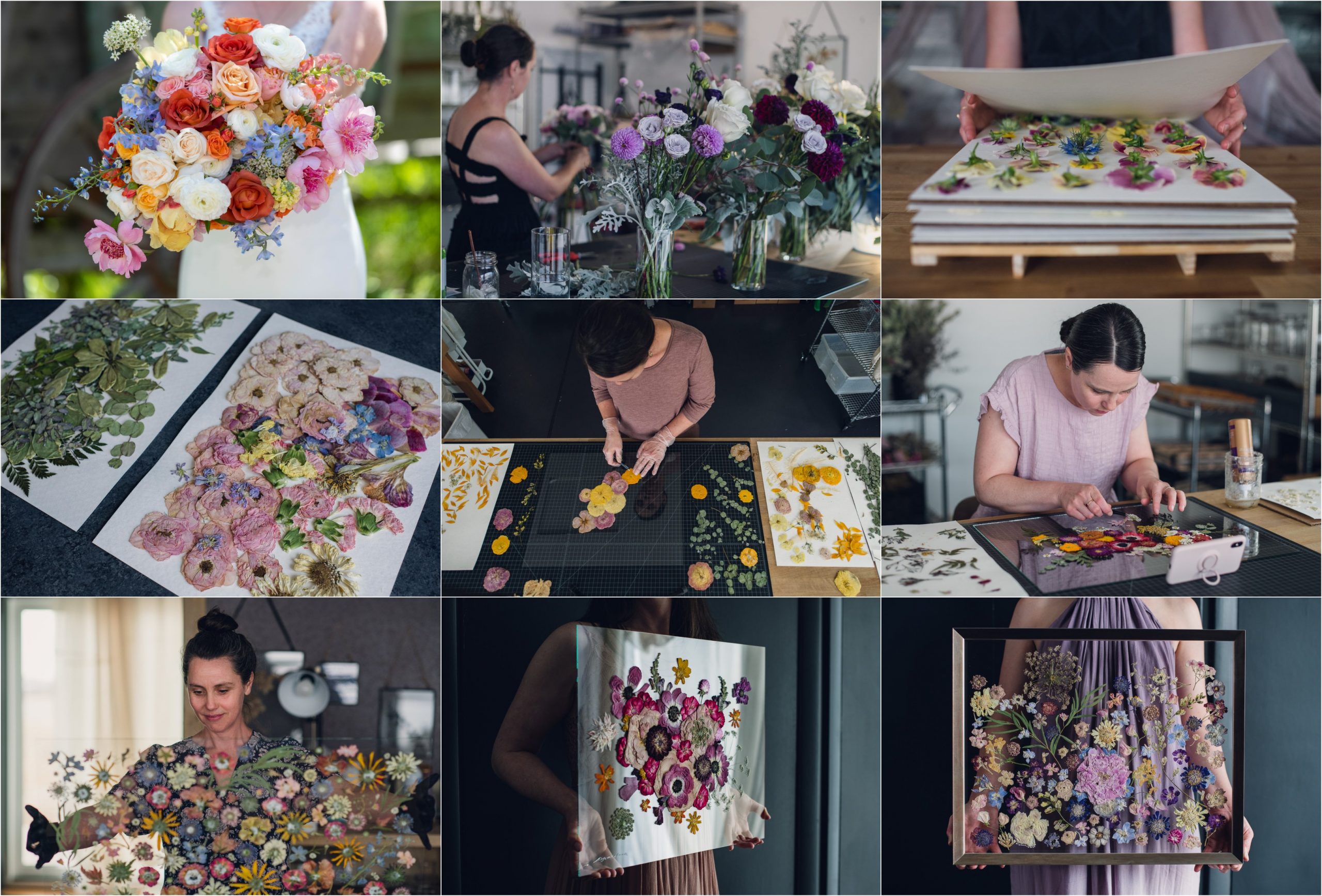 preservation process of a bouquet being deconstructed, pressed and arranged into art