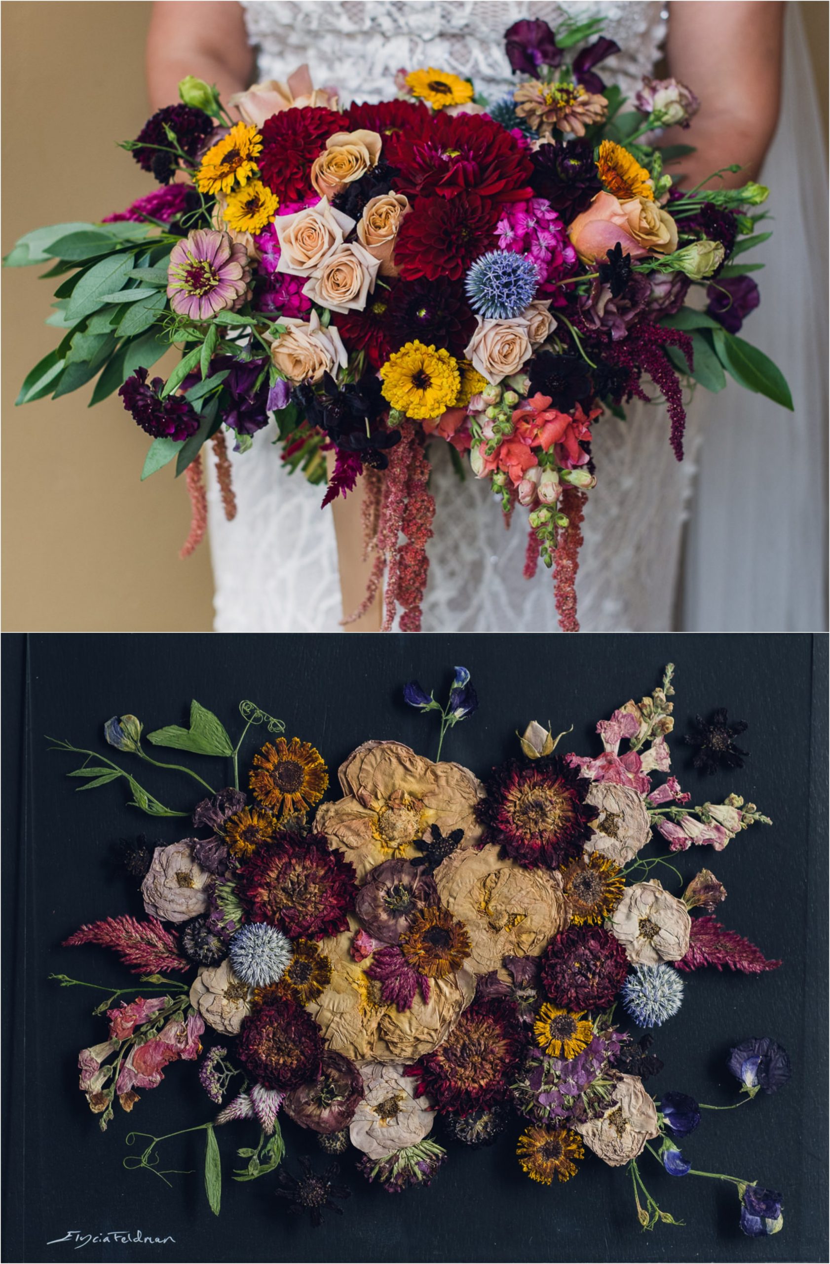 bride holding rich moody jewel tone bouquet collaged with her pressed flower bouquet preservation art