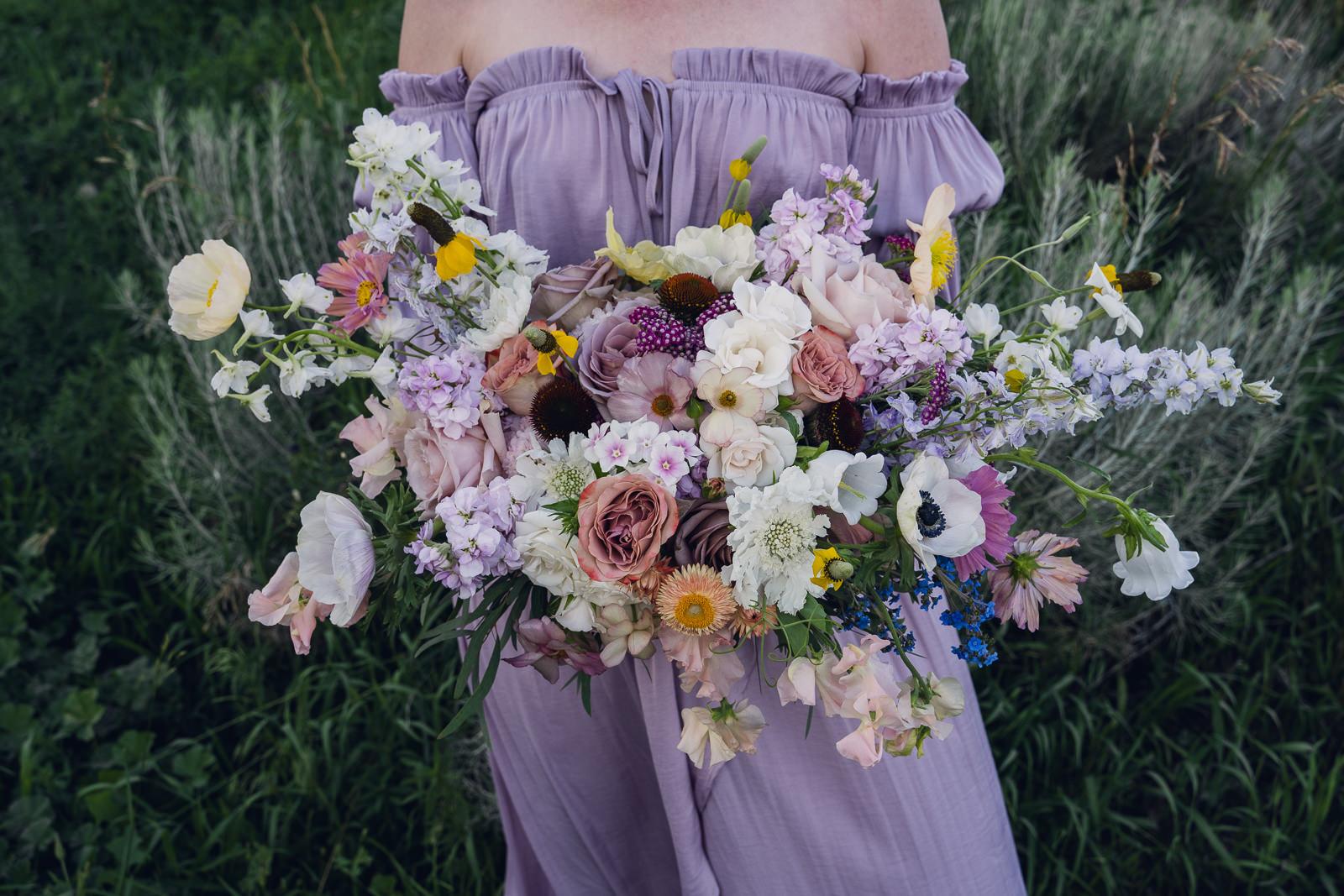moody pastel estes park wedding bouquet featuring colorado wildflowers