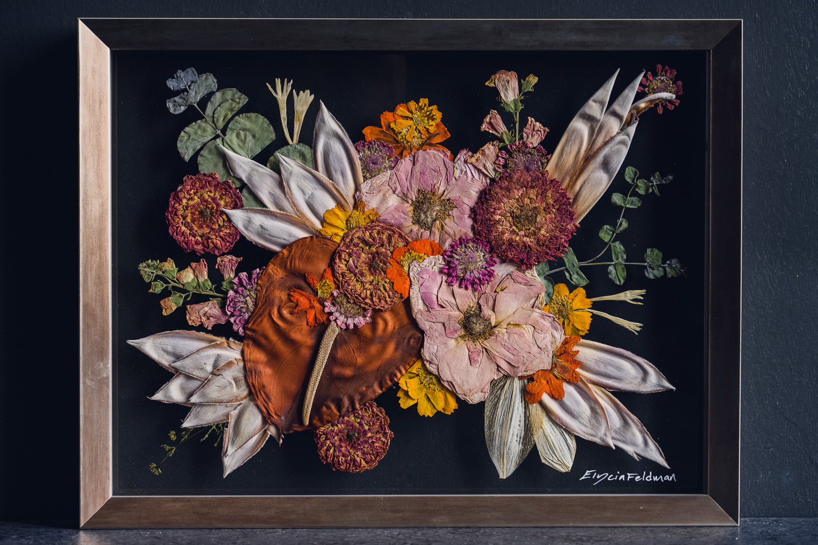 pressed flower preservation art made from bridal bouquet featuring tropical flowers and metallic frame
