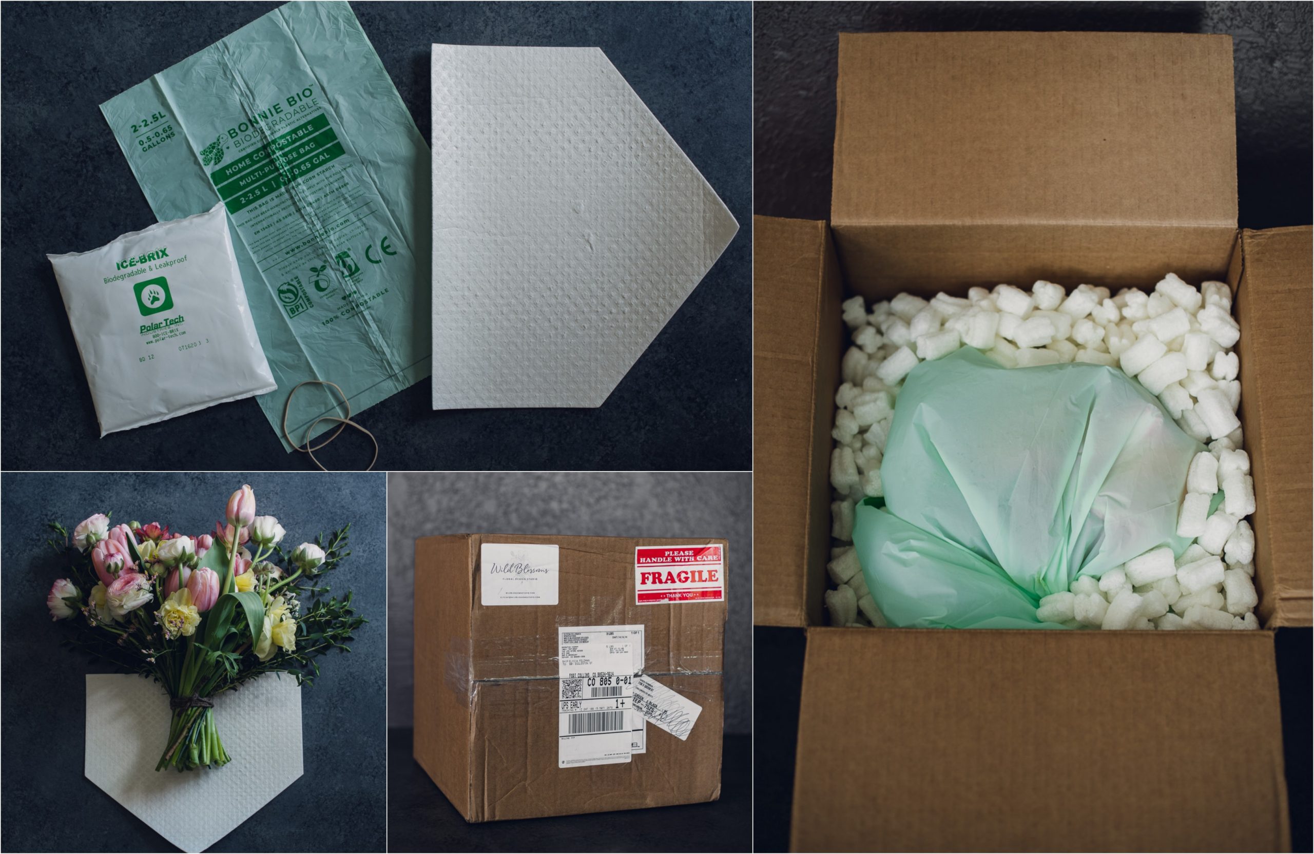 collage of bouquet preservation shipping supplies including eco bouquet wrap