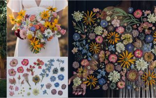 collage of bride holding fresh wedding bouquet, flowers laid out to press and final botanical bouquet preservation art piece