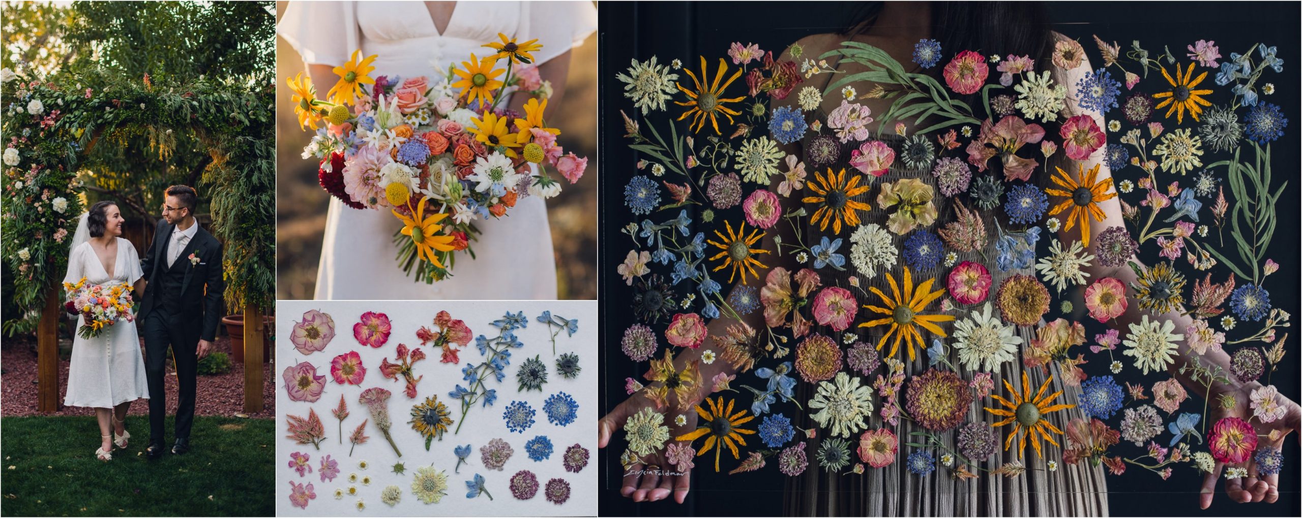 collage of bride holding fresh wedding bouquet, flowers laid out to press and final botanical bouquet preservation art piece